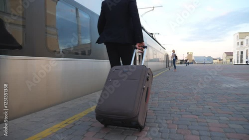 Unrecognizable successful businessman in suit running along platform and pulling suitcase on wheels. Young confident man with his luggage hurrying on train. Concept of business trip. Slow mo Back view
