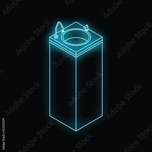 Neon water cooler glowing blue against a black background, perfect for themes of thirst, hydration, or office life