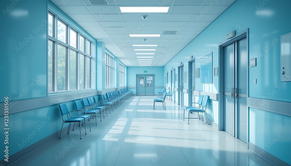 Fototapeta premium Serene and Spacious Modern Hospital Corridor with Rows of Empty Blue Chairs and Bright Windows