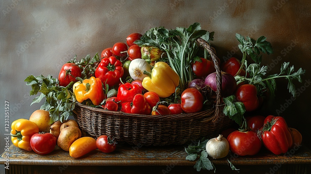 Rustic basket overflowing with vibrant vegetables, autumnal background, still life, food photography Rustic basket overflowing with vibrant vegetables, autumnal background, still life, food photography