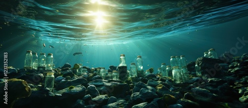 Underwater view of the sea with lots of trash, Plastic bottles floating in the water. Plastic pollution concept.