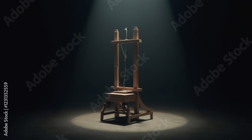 A close-up of a guillotine model on a dark background