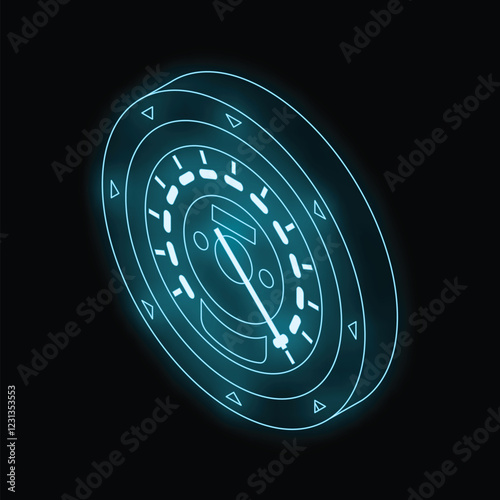 Futuristic neon speedometer is glowing on a black background, giving a sense of speed and technology