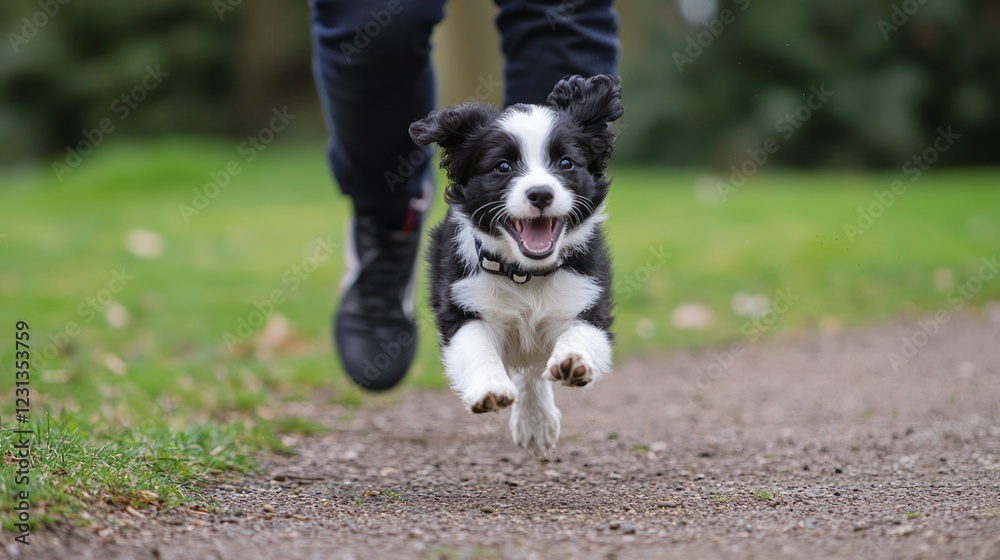 A puppy running toward its owner in delight.