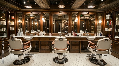 Upscale barbershop interior, multiple stations, herringbone floor, classic decor, for advertising photo