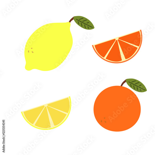 A set of citrus fruits. Orange and lemon. Illustration for design on a white background.
