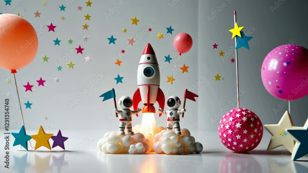 Two astronauts are holding flags and standing next to a rocket. There are many stars in the background