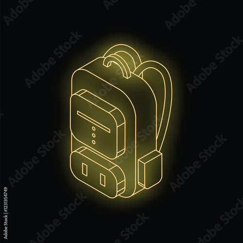 Neon yellow isometric smart backpack with external power bank glowing on black background