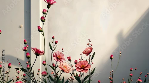 A wall with a white background and a flowery border. The flowers are pink and are arranged in a row