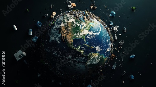 Fototapeta Naklejka Na Ścianę i Meble -  A planet covered in trash and debris. The planet is surrounded by a lot of garbage, including a lot of plastic