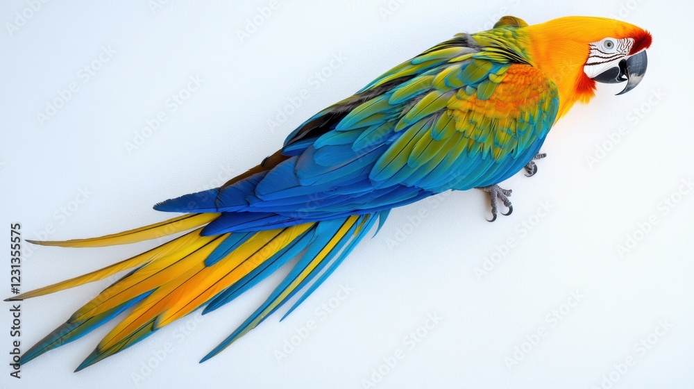 Fototapeta premium Colorful macaw parrot with vibrant feathers isolated on white background, ideal for tropical and exotic design projects.