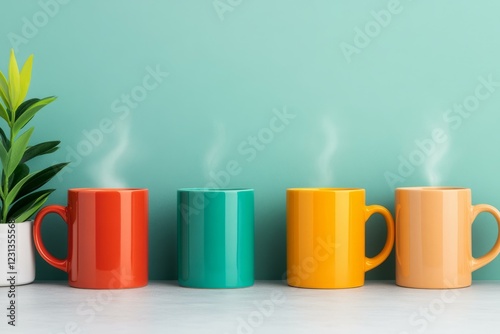 Three colorful coffee mugs arranged with a green plant in the center on a wooden table