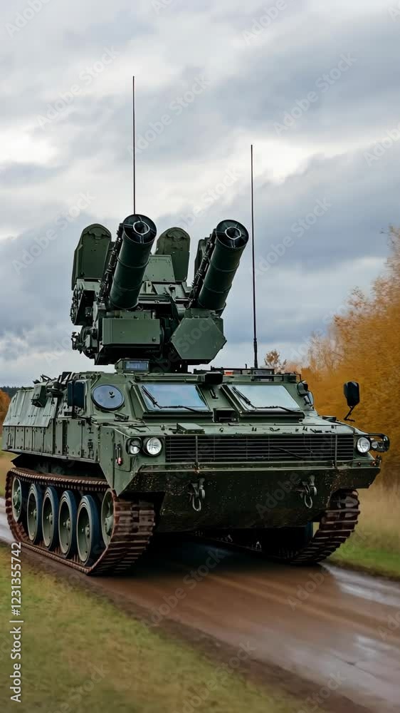 Military vehicle equipped with missile launchers drives on dirt road in autumn landscape Military vehicle equipped with missile launchers drives on dirt road in autumn landscape