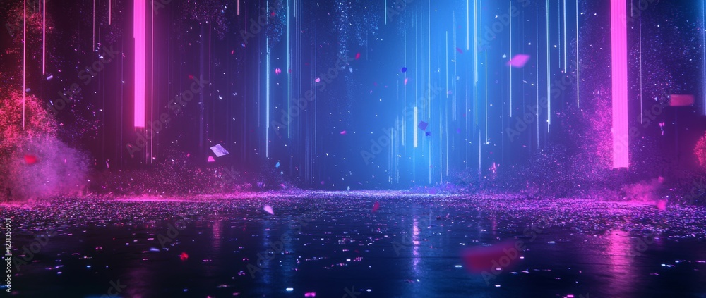 Vivid abstract digital background showcasing a neon blue and purple gradient with confetti falling in a festive atmosphere Vivid abstract digital background showcasing a neon blue and purple gradient with confetti falling in a festive atmosphere