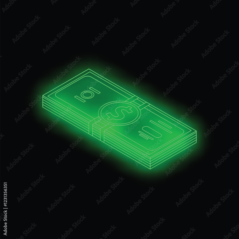 Stack of stylized one hundred dollar bills is glowing green on a black background Stack of stylized one hundred dollar bills is glowing green on a black background