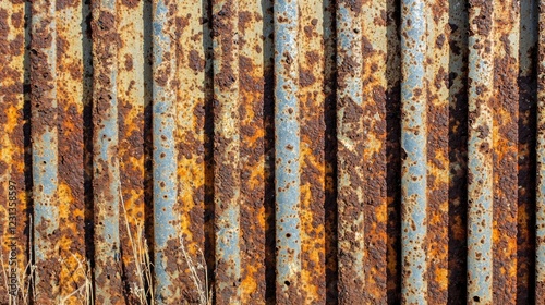 A close-up of a rusting metal fence in a field.