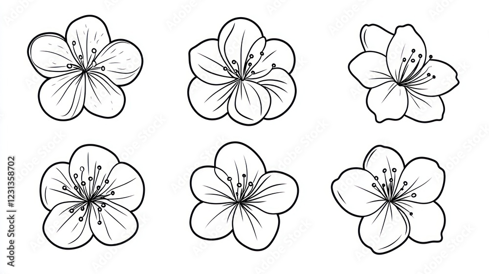 Six Line Art Plum Blossoms; White Background; Design Element Six Line Art Plum Blossoms; White Background; Design Element