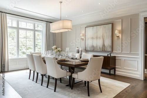 A transitional dining room blending classic warmth with contemporary clean lines. Opt for a neutral color scheme, streamlined furniture pieces, and refined textiles. Integrate modern lighting fixtures