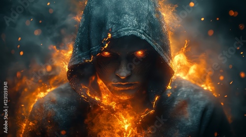 A hooded figure surrounded by flames, embodying intensity and inner conflict.