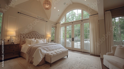 Spacious bedroom featuring a grand window and soft, calming interior design. photo