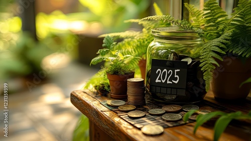 A jar for savings surrounded by coins and greenery, symbolizing financial planning. photo