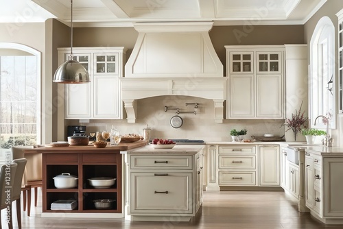 A transitional kitchen blending classic warmth with contemporary clean lines. Opt for a neutral color scheme, streamlined cabinetry, and refined materials. Integrate modern appliances