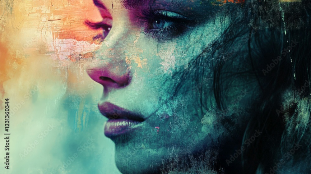 Fototapeta premium Abstract portrait of a woman with colorful brushstrokes.