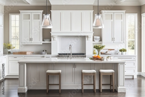 A transitional kitchen blending traditional warmth with contemporary clean lines. Use a neutral color palette, streamlined cabinetry, and elegant materials. Incorporate modern lighting, classic decor