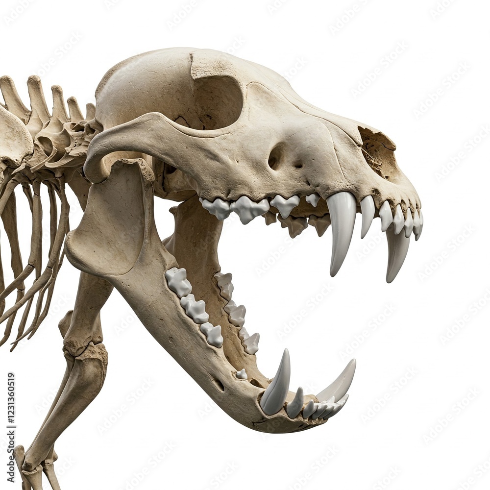Obraz premium closeup of a realistic animal skull with open jaw and sharp teeth isolated on white background
