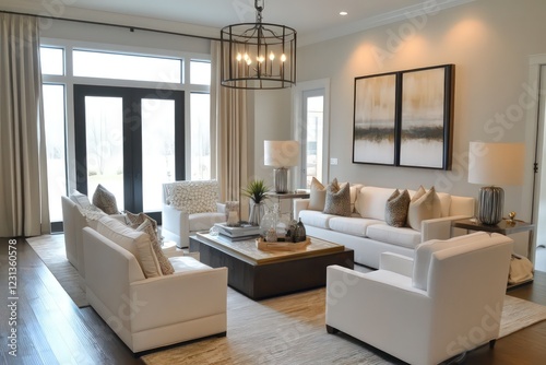 A transitional living room blending classic warmth with contemporary clean lines. Opt for a neutral color scheme, streamlined furniture pieces