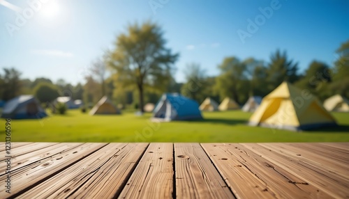 Wooden table in front of blurry background of camping tents in sunny green field