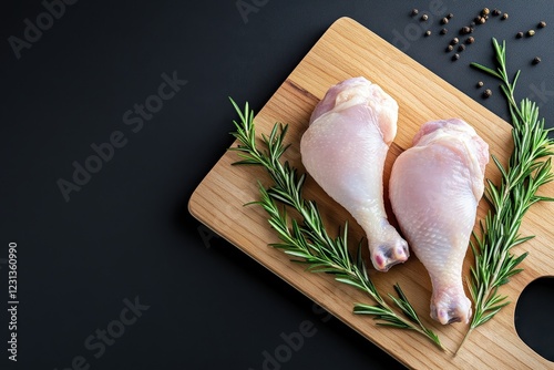 Raw Chicken Drumsticks with Fresh Rosemary on Wooden Board photo