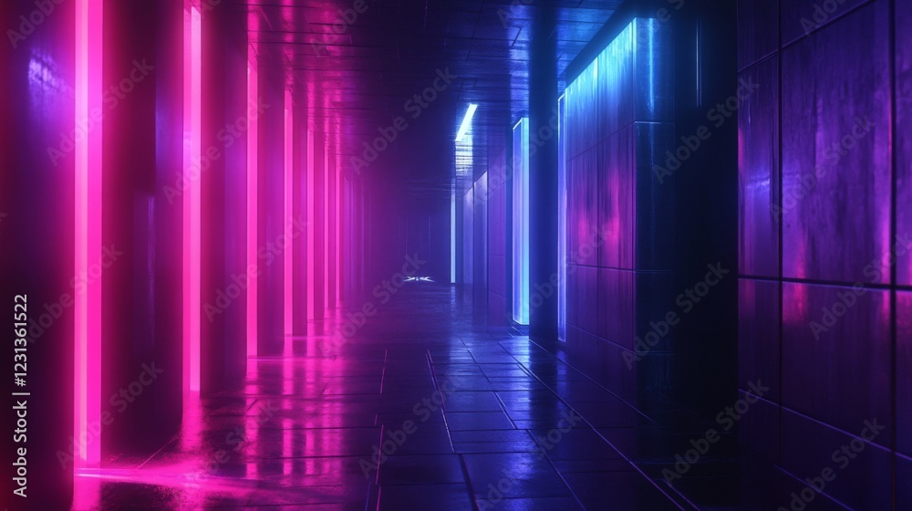 Naklejka premium Pink And Blue Neon Lights In A Wet Futuristic Corridor