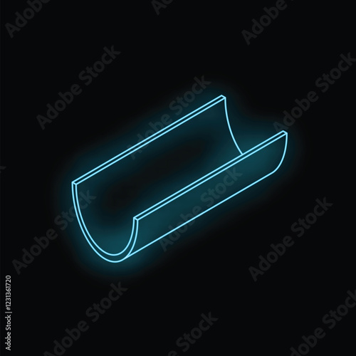 Neon tube in the shape of a half pipe glowing blue, representing construction, plumbing, and diy projects