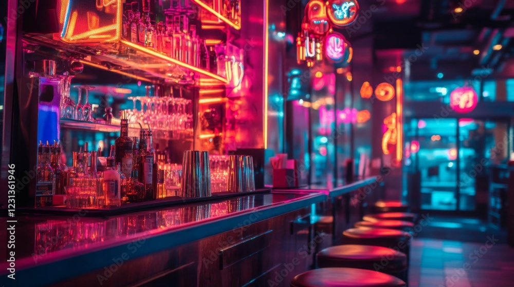 Fototapeta premium Vibrant Neon Bar Interior at Night with Pink and Blue Lighting