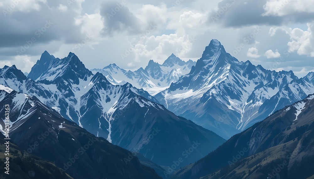 Majestic snow-capped mountain range under a cloudy sky, showcasing breathtaking peaks and valleys, a stunning natural landscape Majestic snow-capped mountain range under a cloudy sky, showcasing breathtaking peaks and valleys, a stunning natural landscape