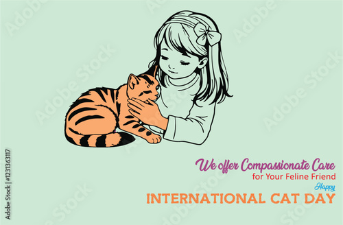 We offer compassionate care for your friend. Happy international cat day. Hand drawn girl hugging pet kitten or cat. EPS 10