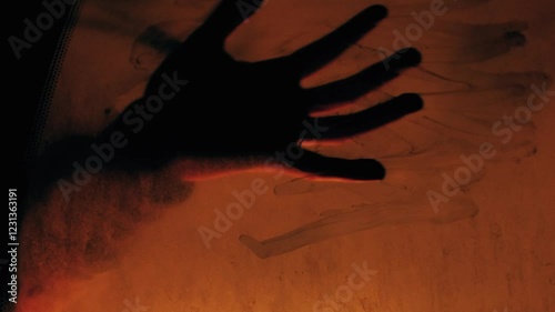 Tense shot of a hand silhouette pressing against a glowing car window, evoking despair and finality