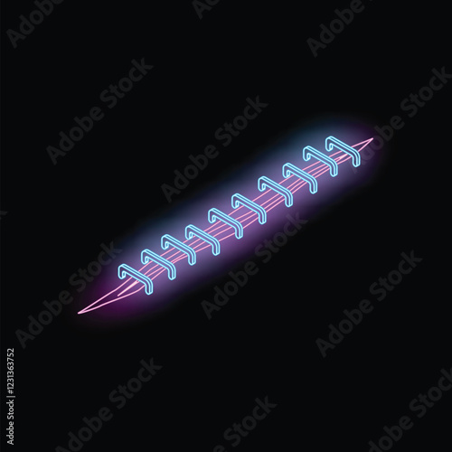 Neon blue surgical suture closing a glowing pink wound on a black background