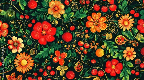 Vibrant Floral Pattern in Khokhloma Style.