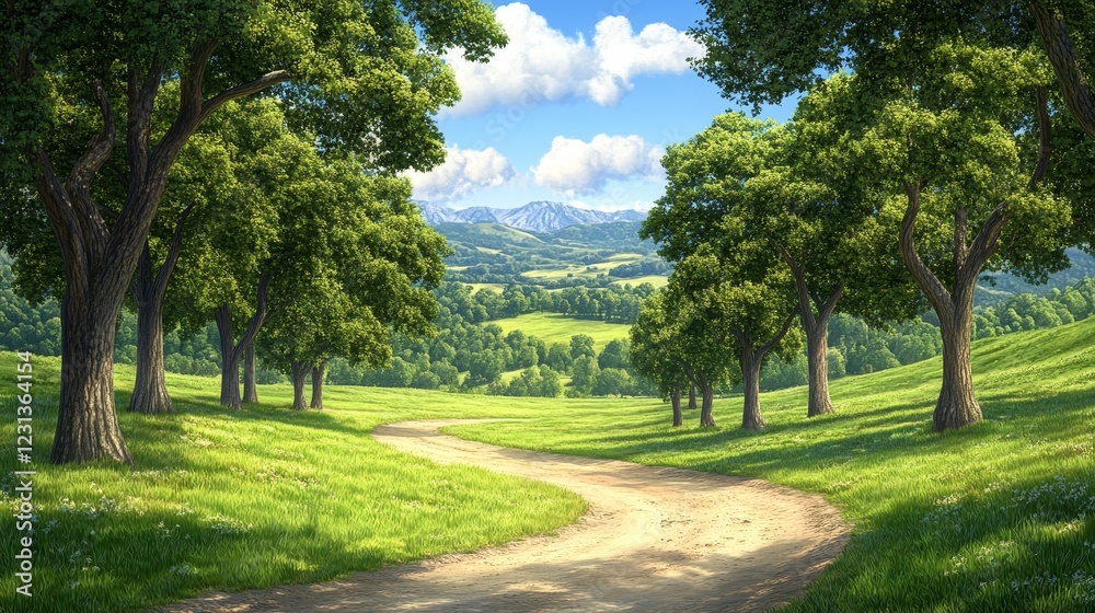 Serene Path Through Lush Green Hills Leading to Distant Mountains Under a Sunny Sky Serene Path Through Lush Green Hills Leading to Distant Mountains Under a Sunny Sky