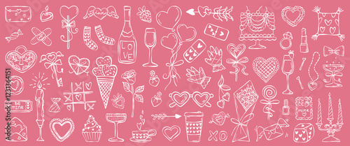 Set of vector images in sketch style for Valentine's Day. Set of ink cute bouquet,  sunglasses, rose, balloons, amour arrow, candles, cake, vine isolated on pink background. Elegant vintage hand drawn