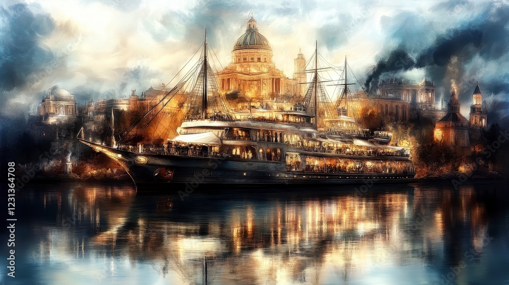 Golden Cityscape Reflection Dramatic Clouds over a Historic Building and Ship Golden Cityscape Reflection Dramatic Clouds over a Historic Building and Ship