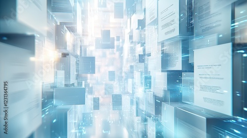 3D illustration a pristine white filing system transforming into digital holograms, floating documents automatically organizing themselves, clean corporate aesthetic, glowing accents, depth of field