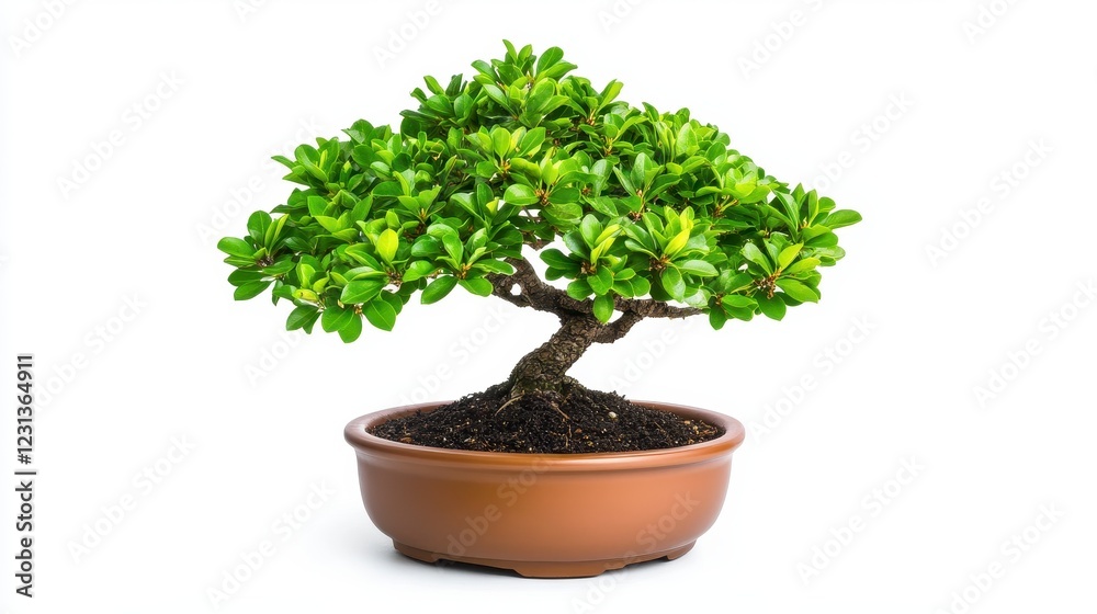 Green Bonsai Tree In Terracotta Pot On White Background Green Bonsai Tree In Terracotta Pot On White Background