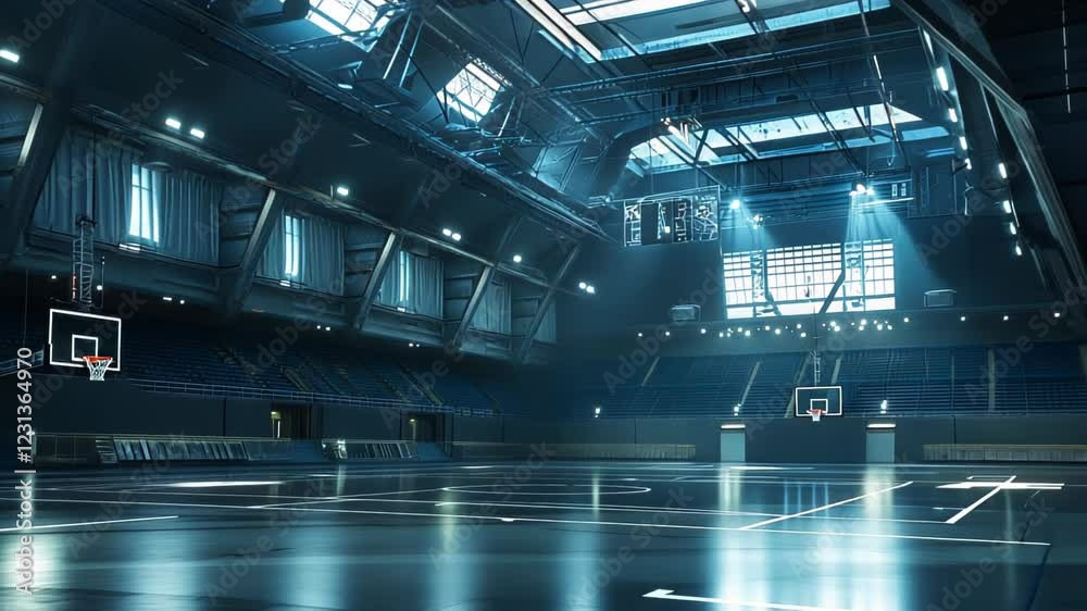 A spacious indoor basketball arena with bright lighting and two hoops.