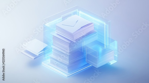 3D illustration a pristine white filing system transforming into digital holograms, floating documents automatically organizing themselves, clean corporate aesthetic, glowing accents, depth of field