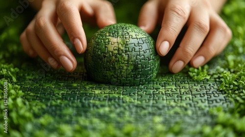 Hands placing a green puzzle piece on a lush green background, symbolizing nature. photo