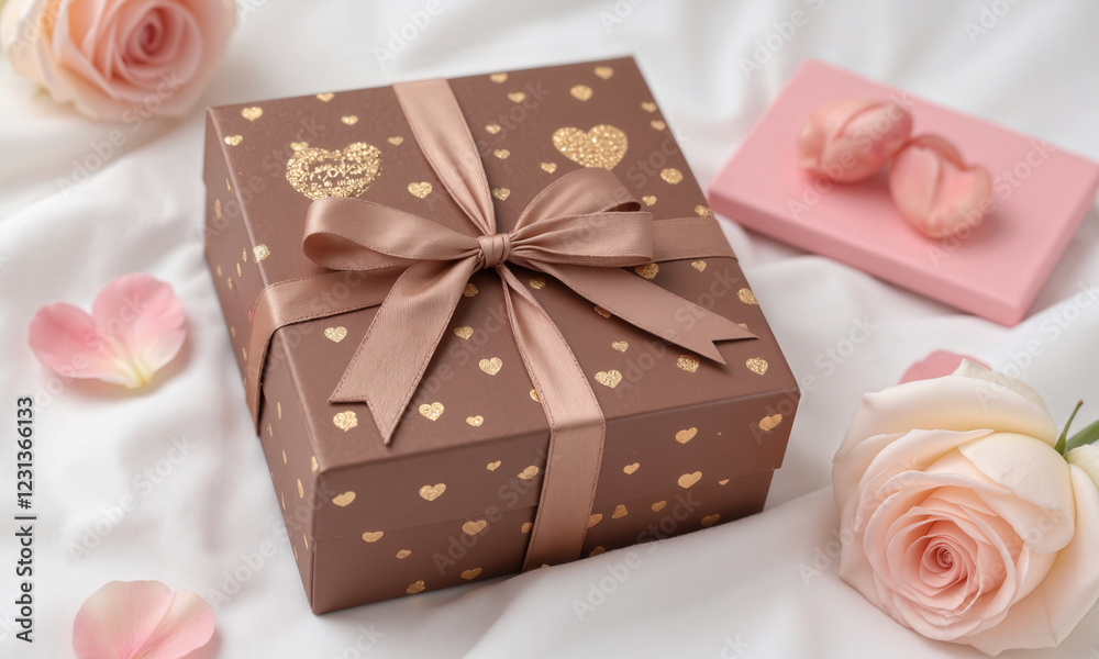 A Valentine's Day gift box with mocha mousse-colored wrapping, embossed with gold foil hearts, and tied with a luxurious satin A Valentine's Day gift box with mocha mousse-colored wrapping, embossed with gold foil hearts, and tied with a luxurious satin
