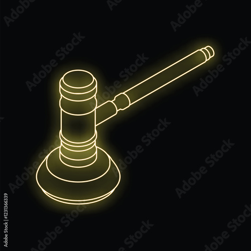 Neon gavel icon glowing yellow is representing law and justice on a black background